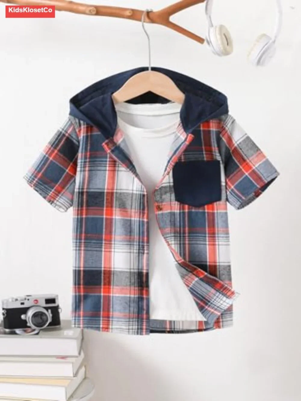 Boys Plaid Hooded Button Shirt & Jogger Pants Set Spring Summer